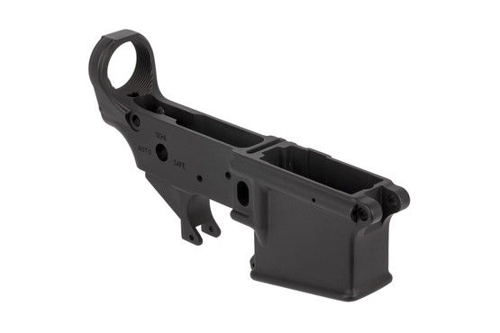 The Stripped Aero Precision lower receiver has a black hardcoat anodized finish